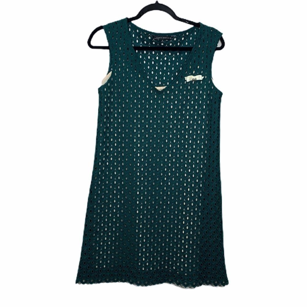 16. Zara green eyelet dress with nude slip size small